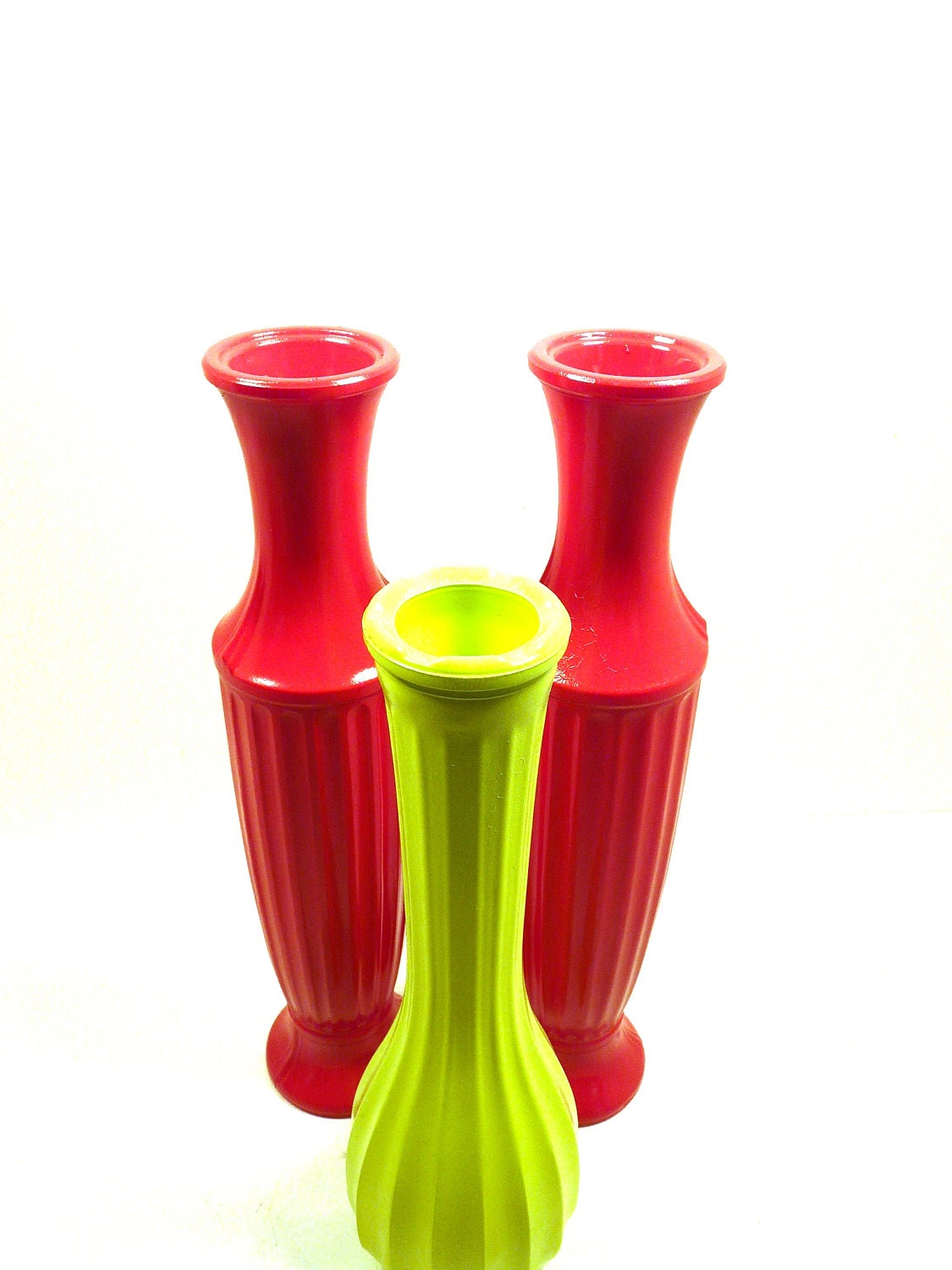 painted vases, bright home decor, red, lime, painted milk glass vase, mid century, americana, rustic, colonial, upcycled
