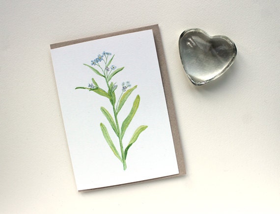 Forget Me Not Note Card - Watercolor Painting, Blue Flower, Floral, Botanical, Kraft Envelope, Art Card, Blue, Green, White