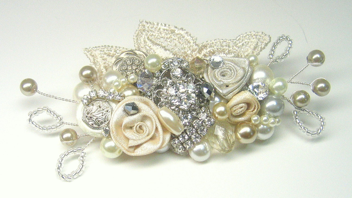 Bridal Hair Accessory in Champagne with Rhinestone, Pearls, Crystal- Vintage Hair Piece- Wedding Hair Accessories- Fascinator-Clip Comb