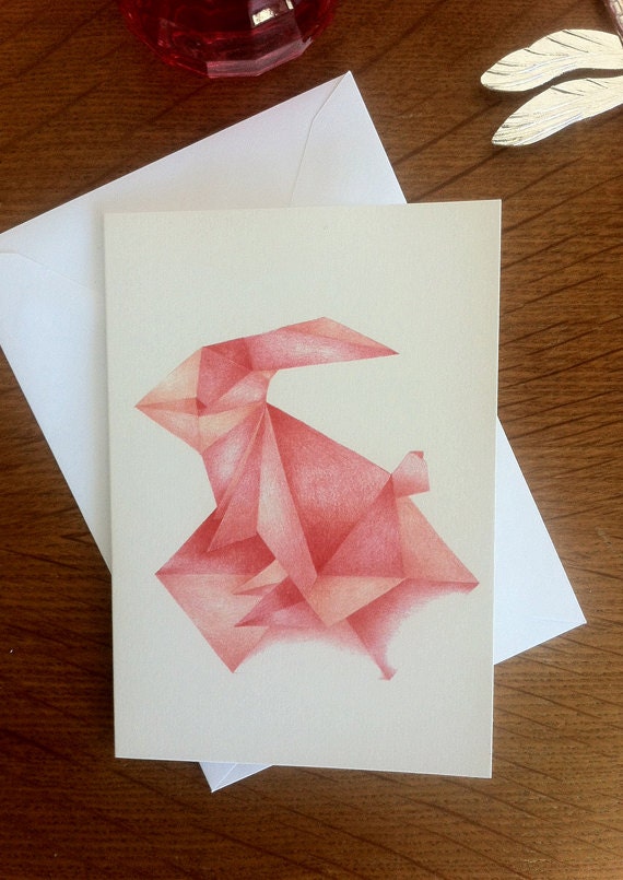 Pink Origami bunny illustration greeting card with envelope