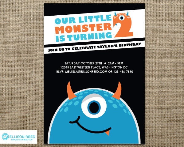 Little Monster Invitation - Monster Bash - Monster Printable - Printable Party - Halloween - 2nd birthday - Boy Birthday - Blue - Orange Il_570xn