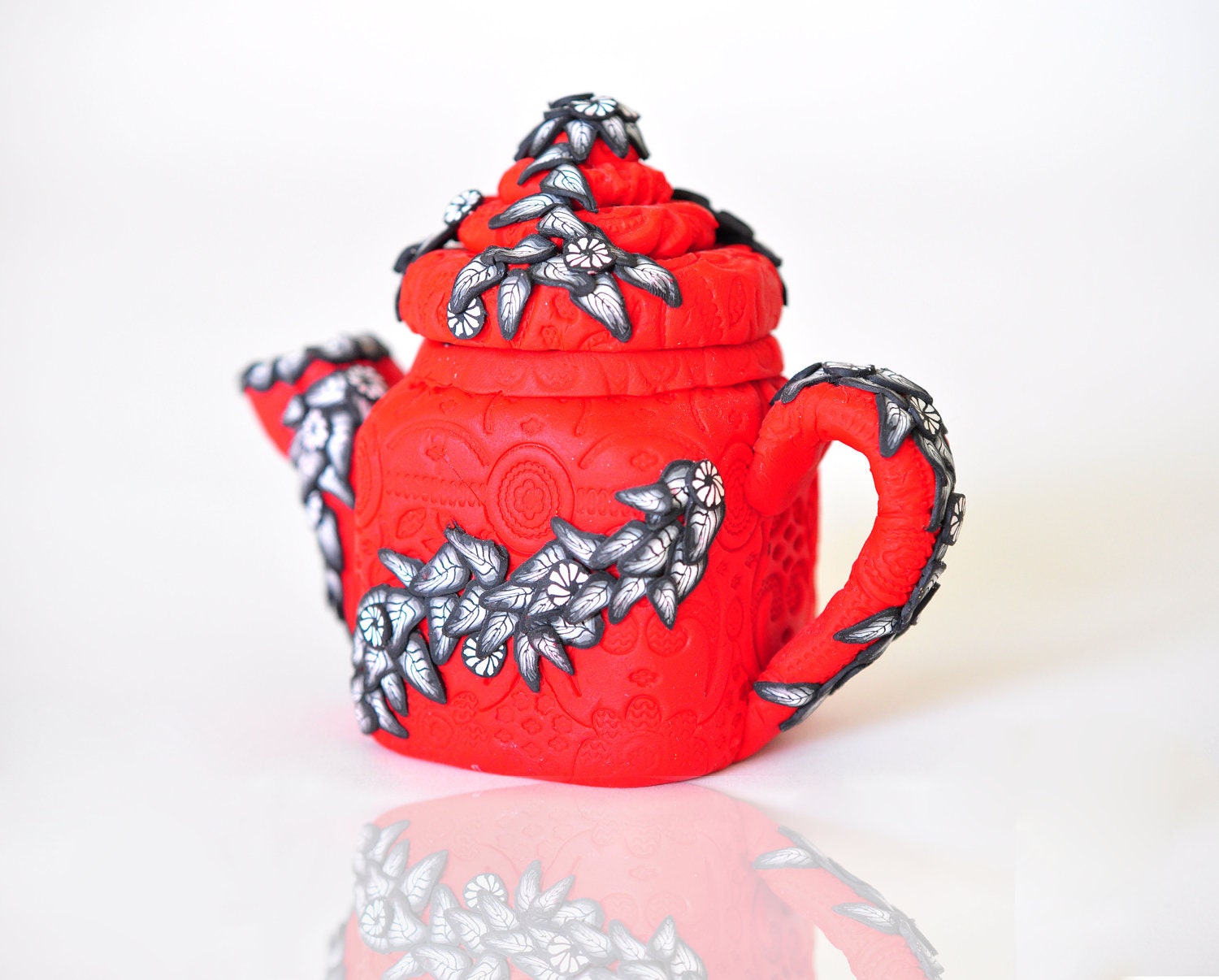 Polymer Clay Teapot 3D Red with Black and White flowers and leaves - upcycled