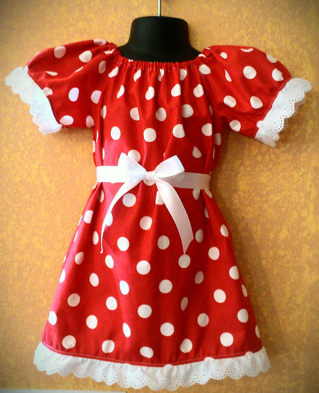 Toddler's Minnie Mouse Inspired Peasant Dress or Costume in Black, Pink or Red, with Lace and Ribbon Belt