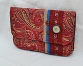 Women's Handmade Red, Cream and Blue Paisley Print Clutch Wallet with Vintage Accenting Buttons