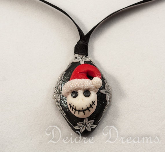 Christmas Jack Skellington Sugar Skull Goth Pendant - Polymer Clay Flowers Sugar Skull Pendant - Christmas Holiday Goth Jewelry