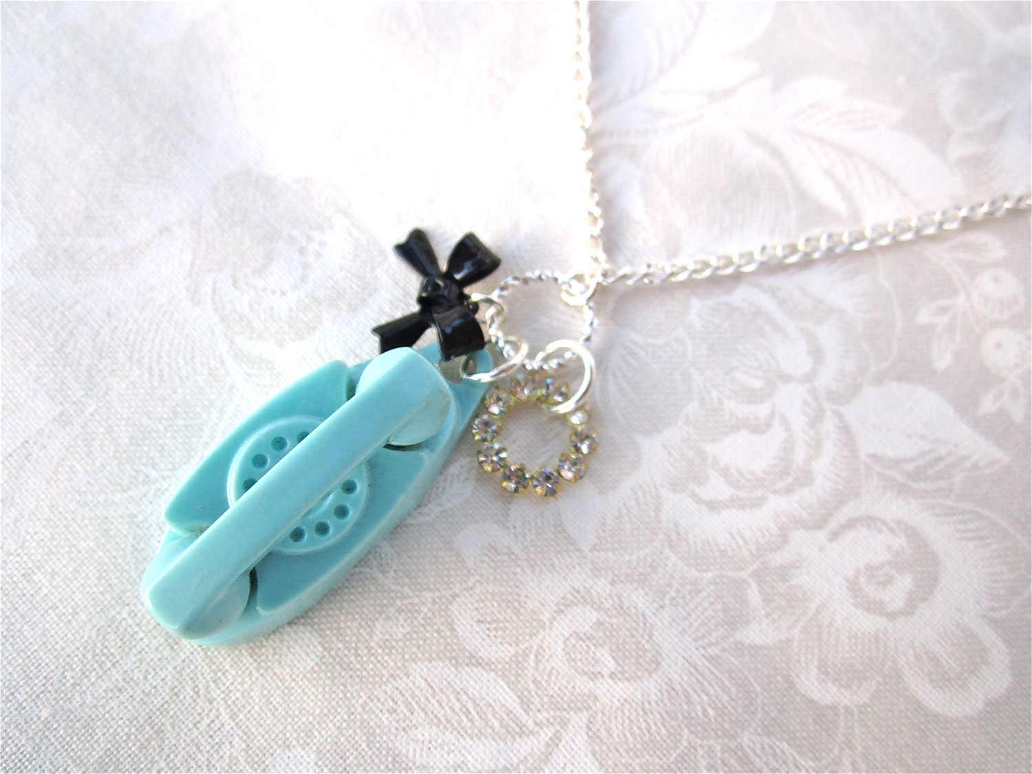 Vintage Princess Phone Charm Necklace Stocking Stuffer Shabby Chic Little Girl 50's Aqua Blue & Black Bow Rhinestone Silver - Call Me Maybe