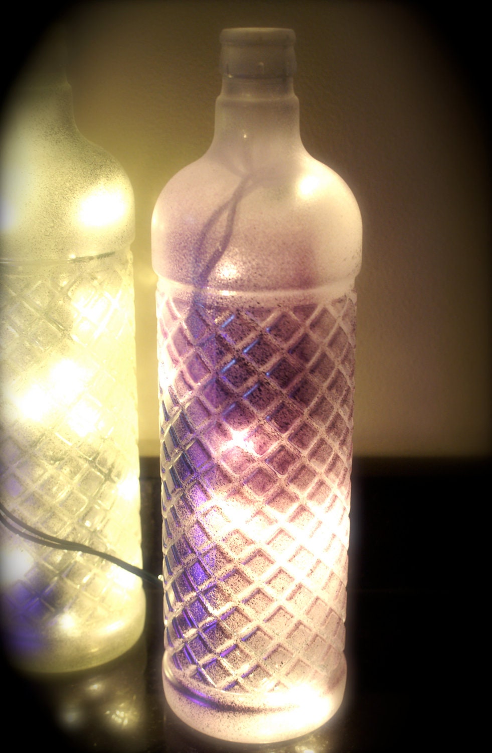 Wine Bottle White Clear Lights in Frosted Purple Glass with Silver Glitter