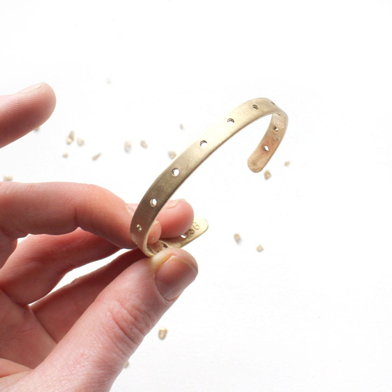 Thin Gold Dots Cuff Bracelet / modern minimal brass jewelry / skinny hand-formed stacking bangle, pierced hole design