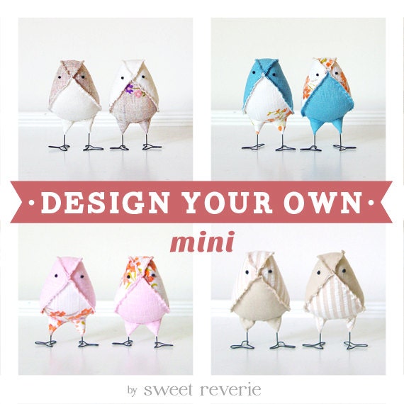 Custom MINI Wedding Cake Topper Vintage Fabric Love Birds, Design Your Own, Customizable Wedding Color Bird Toppers - Made to Order