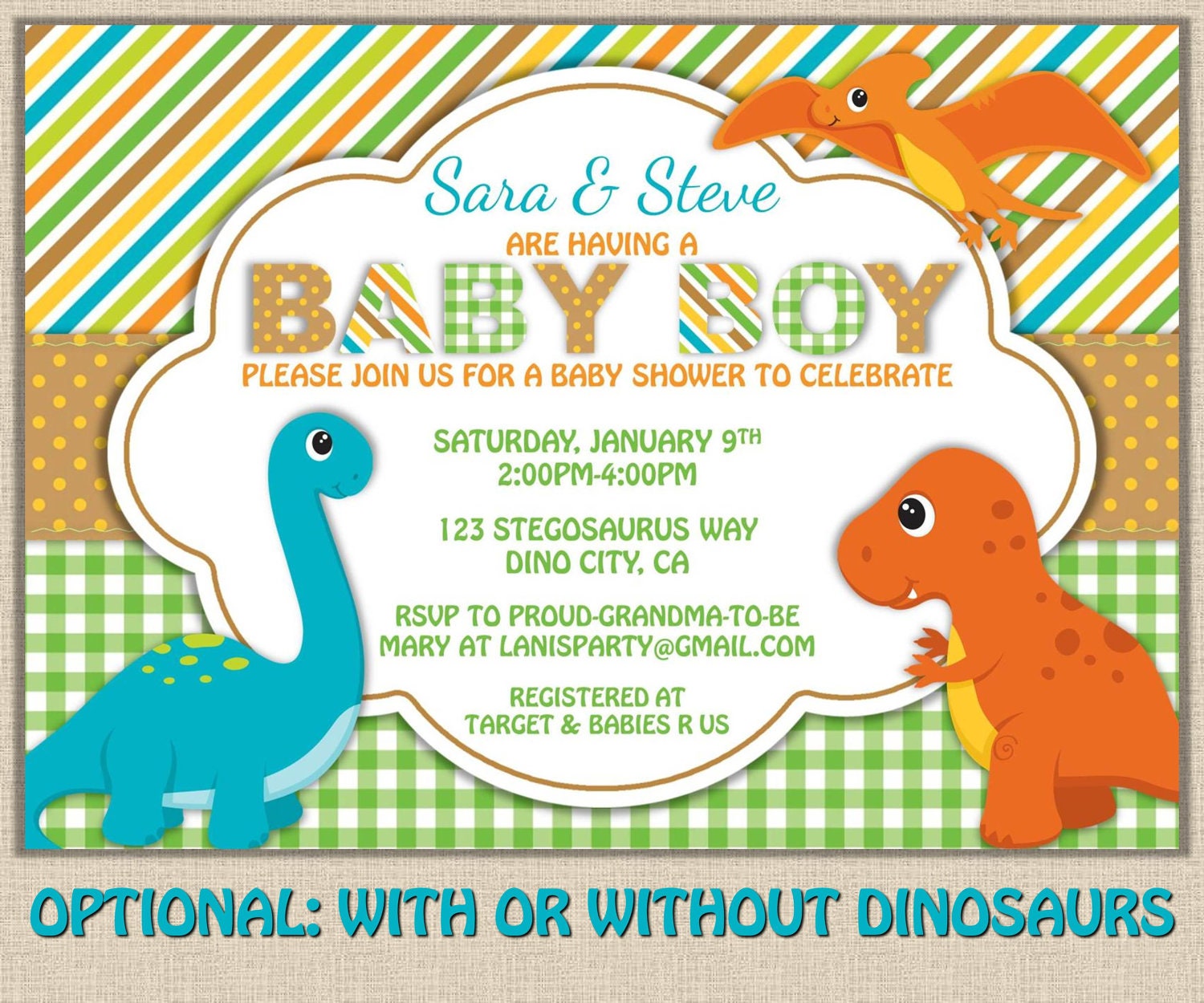 Shabby Chic Dinosaur Baby Shower Invitation - DIY Printable JPEG PDF