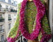 handknitted,crocheted,fairy,flowery,meadow shrug/bolero/vest/sweater/jacket,fuschia pink,bloomed green,vegetal grass fur,OOAK,wearable art