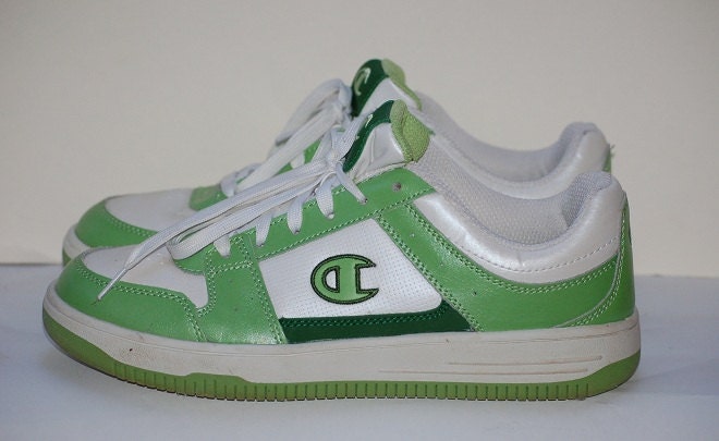 Old School Retro Champion Sneakers Athletic Shoes Green White Leather Unisex USA Size 9 Rockin' Kicks