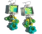 Green Girl's Garden- handmade lampwork bead and soldered charm mixed media earrings