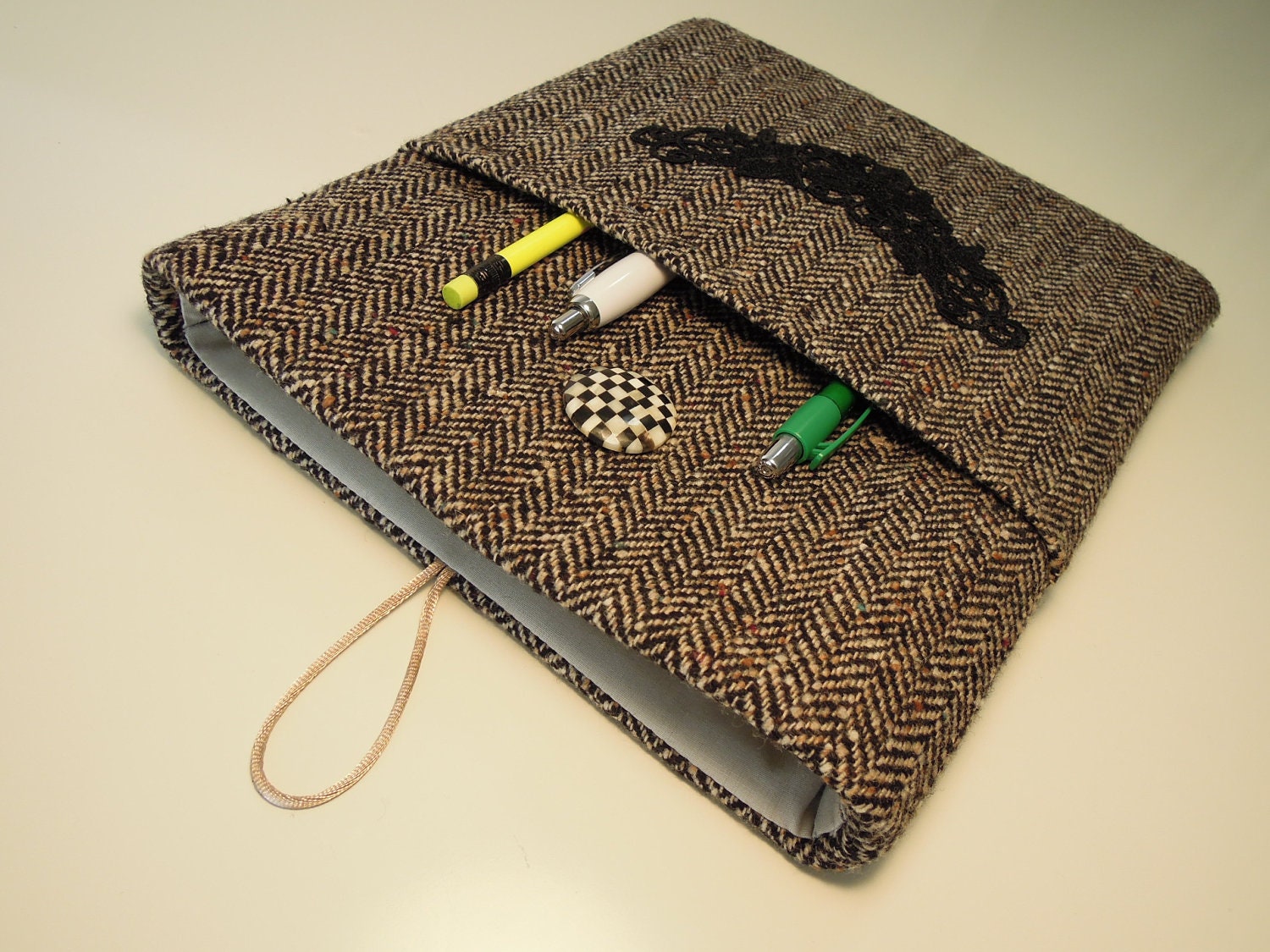 iPad Case, iPad Cover, iPad Sleeve Beautiful, Cute, Handmade from Padded Upholstery Wool Fabric with a Woven Fishbone Pattern and Pocket
