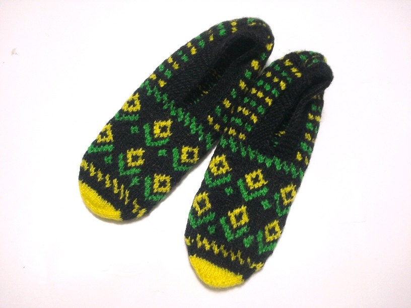 knitted womens slippers, ethnic knit slippers, authentic, black green yellow Handmade Traditional Turkish Slippers christmas gifts for women