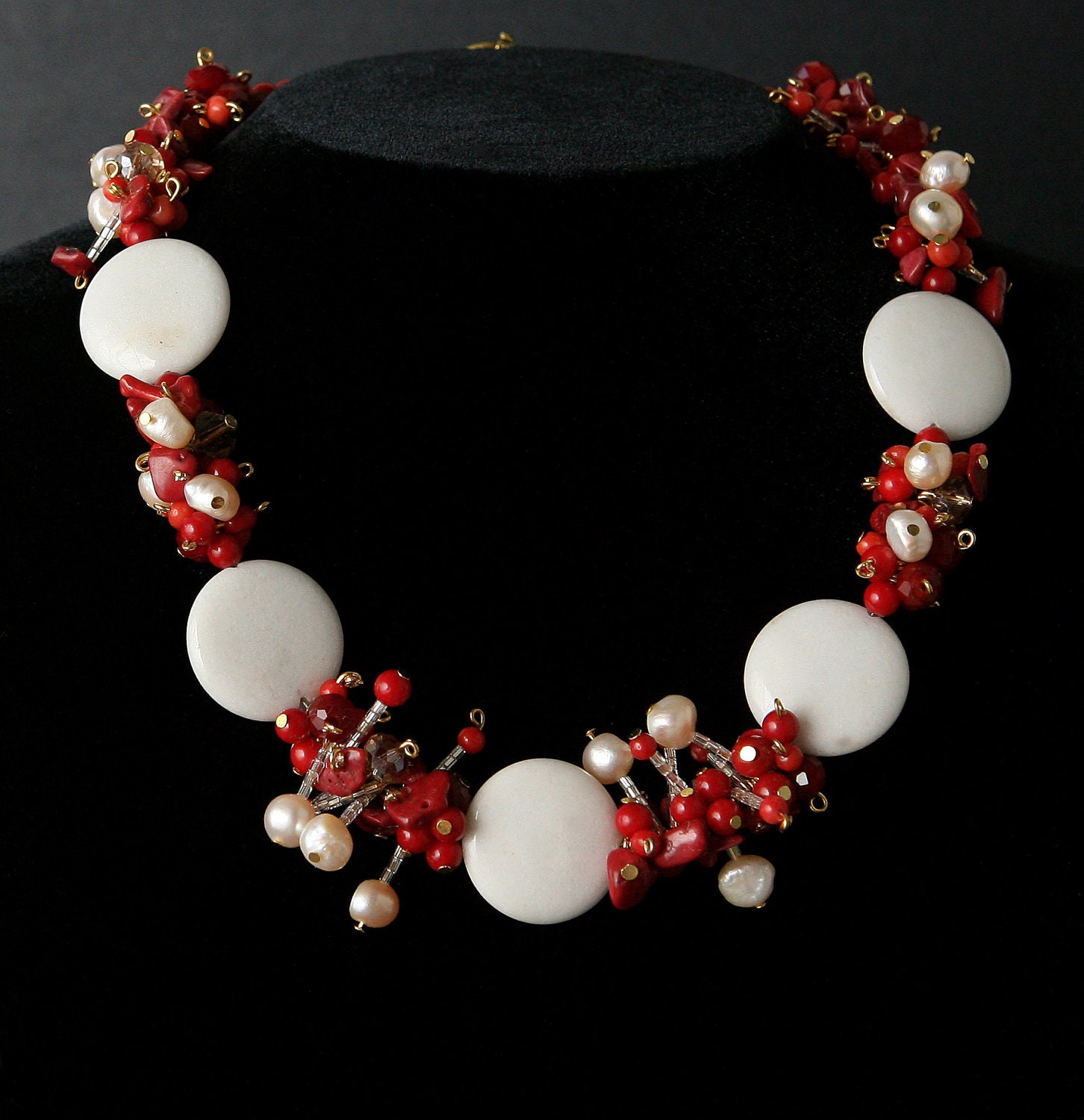 White Jade Discs, Coral Beads and Chips, Petal/Keshi/Kishi and Fresh Water Pearls Necklace/Choker 18 1/2" NEW designer