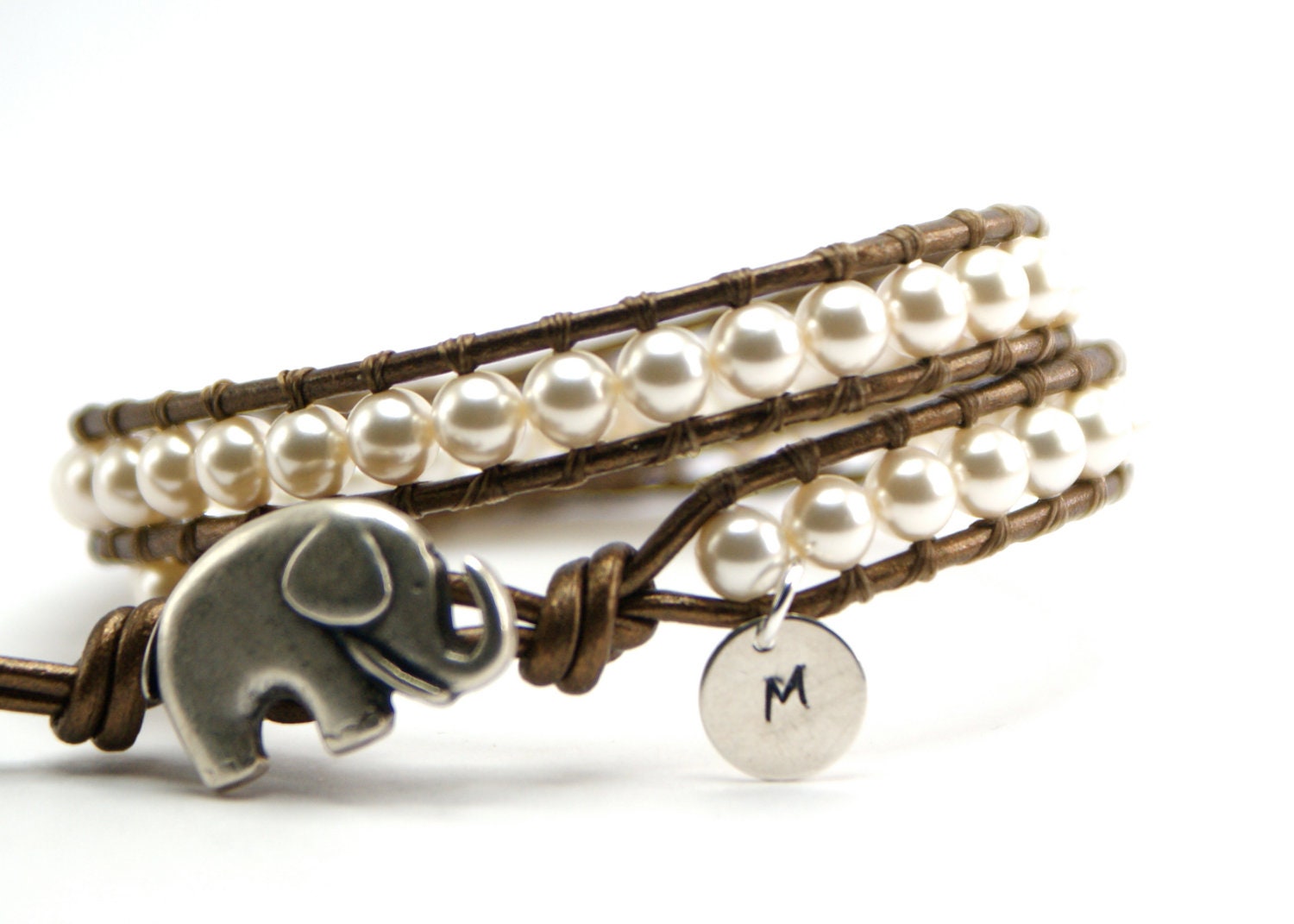 Swarovski DOUBLE leather wrap beaded bracelet - Lucky elephant charm - Present for her - Personalised - Bridesmaids gift - Gift for her