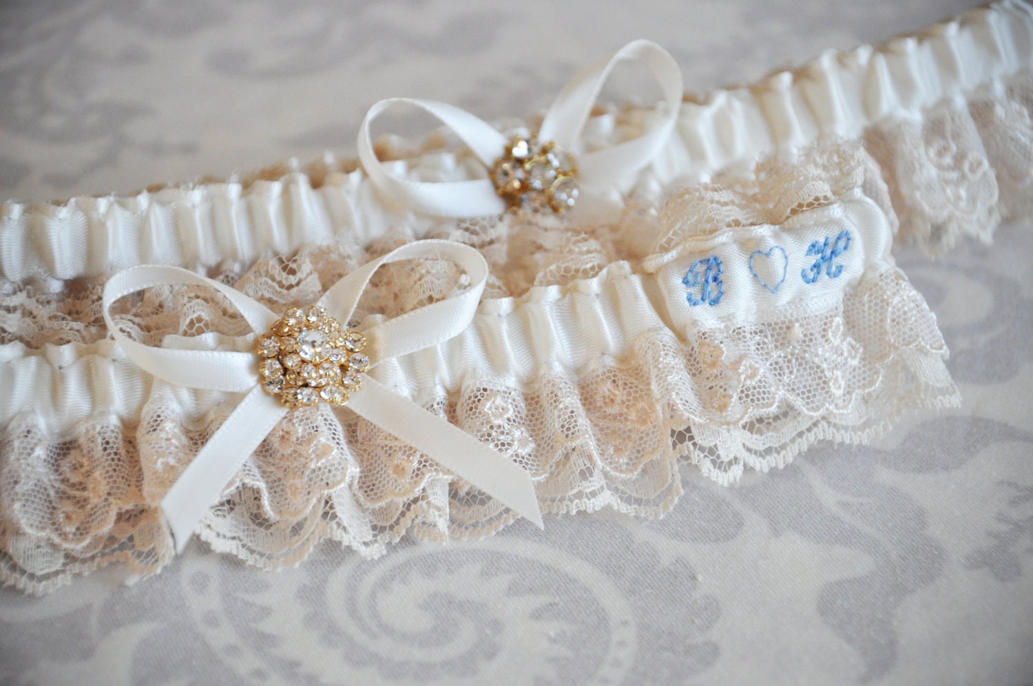 Bridal Garter Set, Something Blue Champagne and Ivory Vintage Style Garters with Custom Initials, Lace Garters