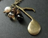 Music Necklace. Musical Note Necklace with Wire Wrapped Teardrop and Fresh Water Pearl. Bronze Charm Necklace. Handmade Jewelry.