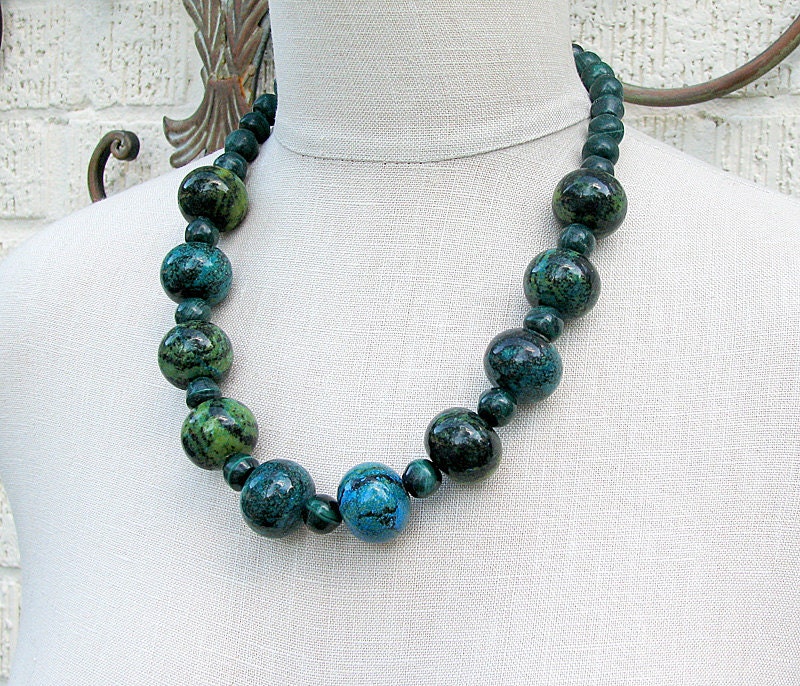 Chunky turquoise necklace Teal statement necklace Green malachite beaded necklace  Single strand beaded jewelry Mothers Day