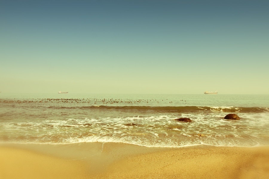 Summer Beach Photograph, Aquamarine Blue and Yellow Sea Water Photo, Aqua Sea Coastal, Seashore Photo, 8x12