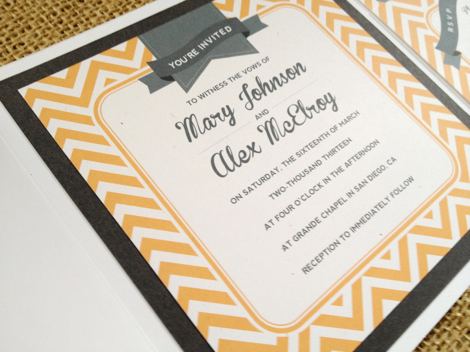 Chevron Pocketfold Wedding Invitation Modern Retro Vintage Elegant Contemporary Orange Gray Indie Vintage Tag Calligraphy Script Banner