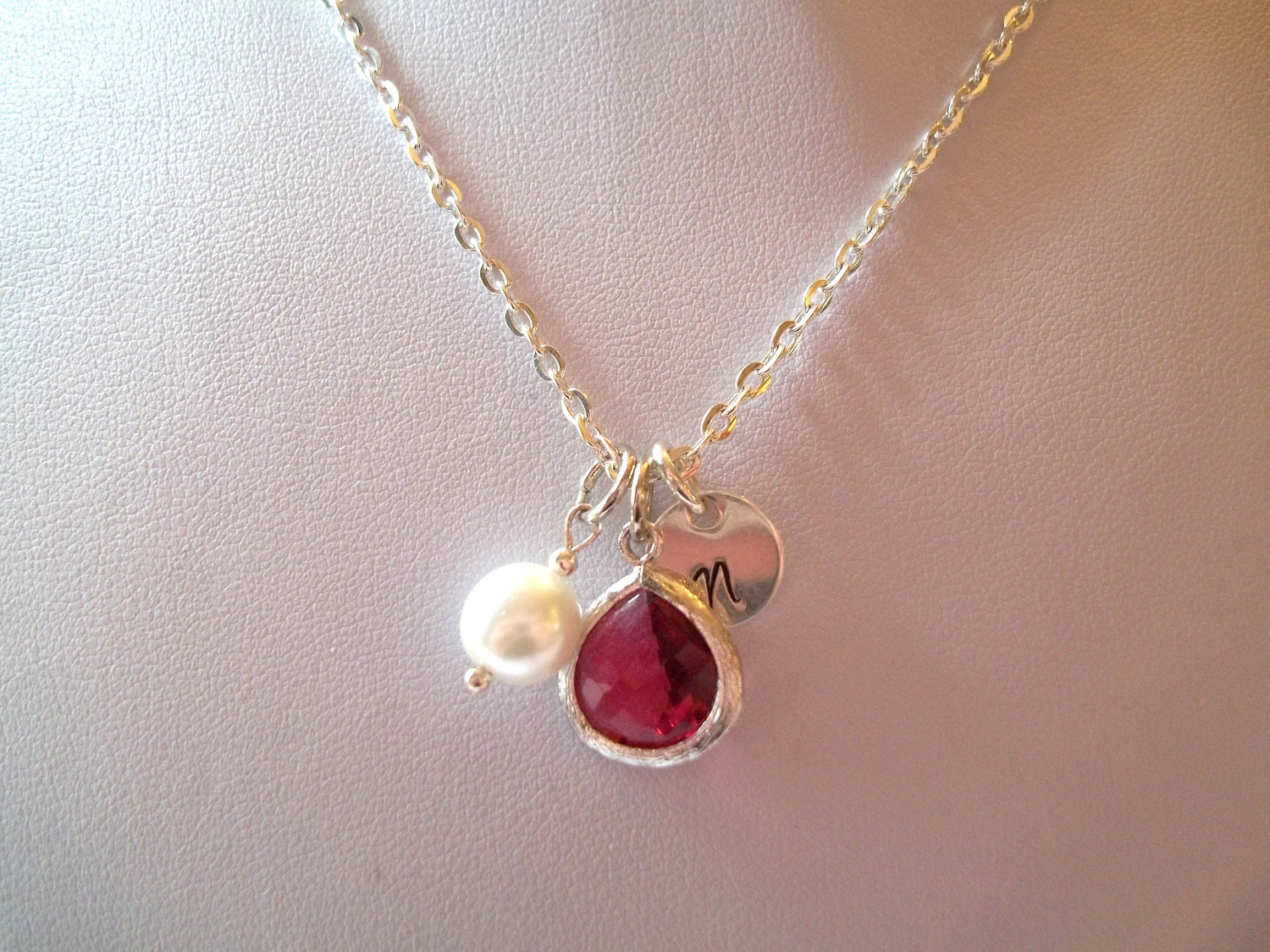 Personalized Initial Necklace with Ruby & Glass Pearl -- July Birthstone -- Birthday -- Bride/Bridesmaids Gift