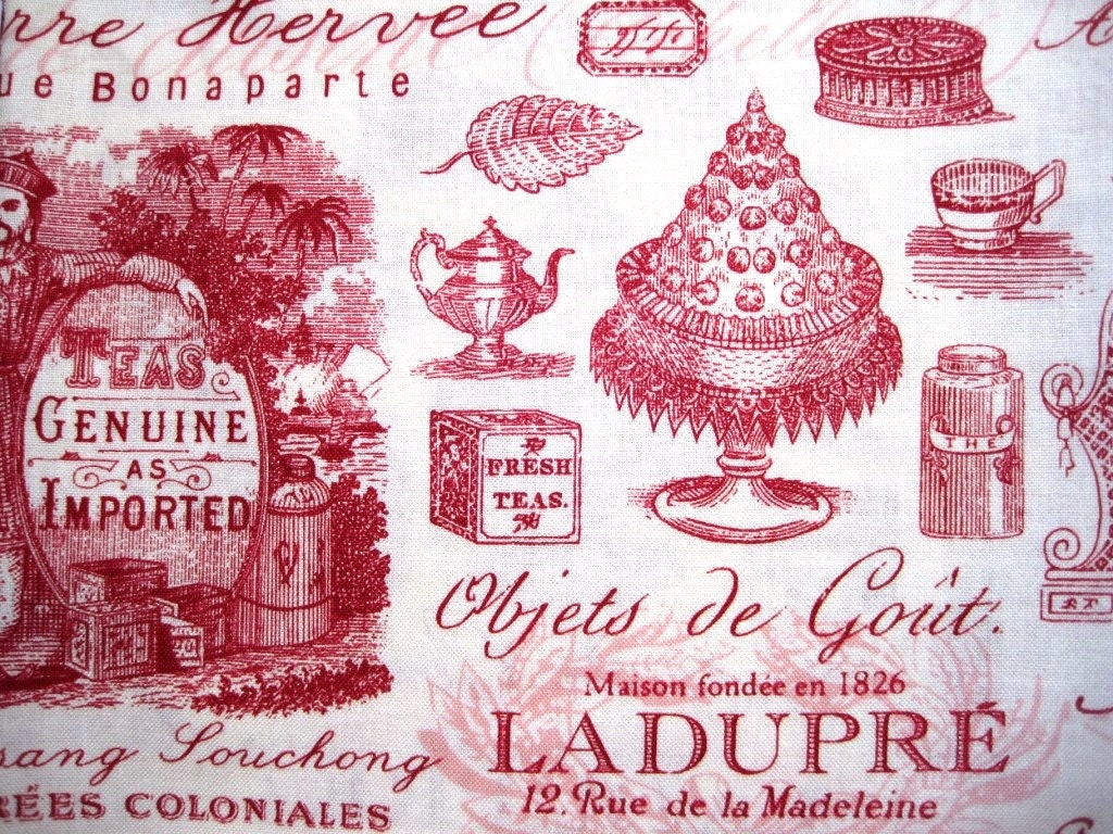 Vintage - Inspired French Ads Fabric, Fat Quarter, Red / Cream, 18" X 22" inches, 100% Cotton, For Victorian & Romantic Projects