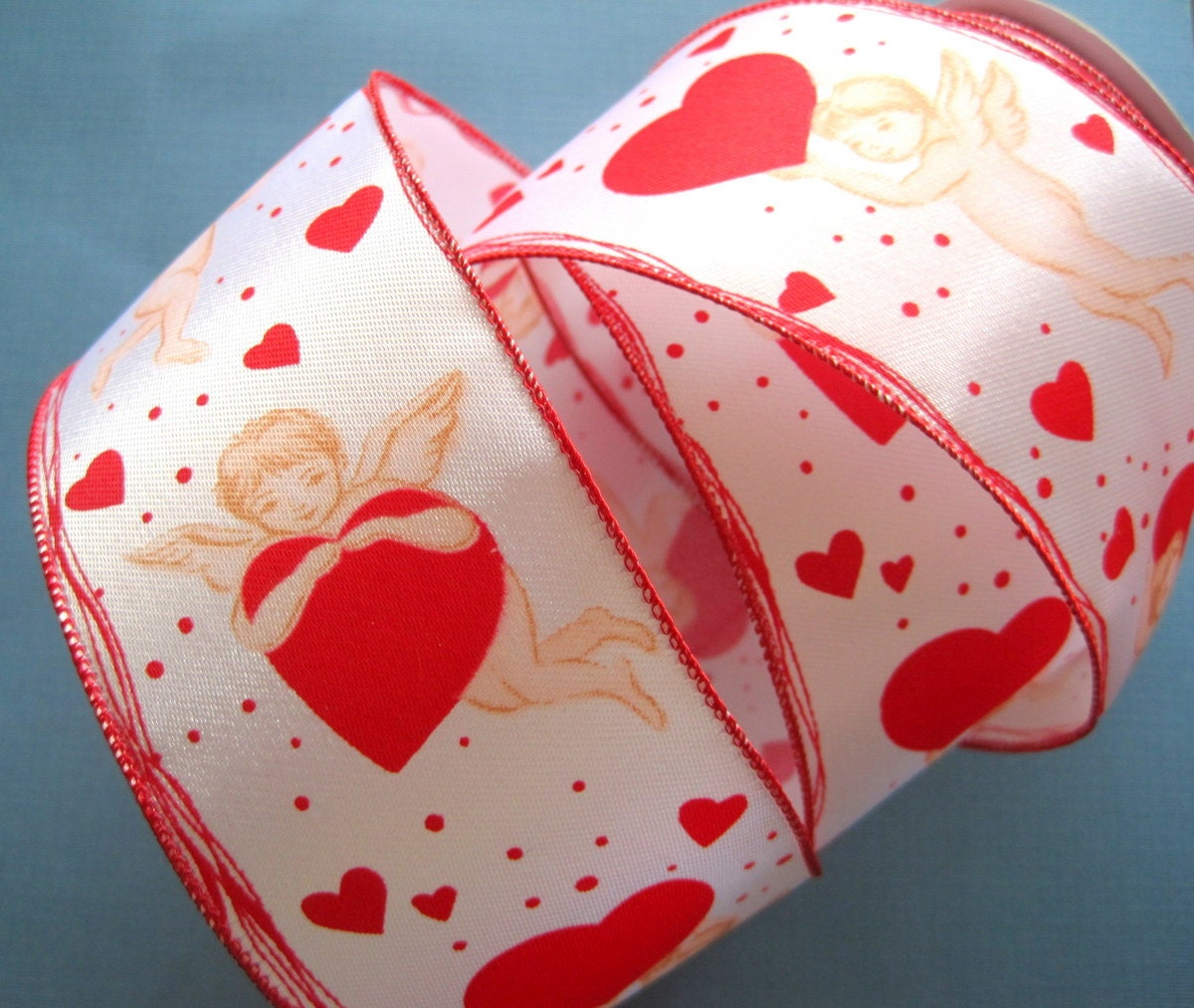 Cupid Quest Wired Ribbon, Red / White, 2 1/2 inch wide, 1 yard, For Gift Packing, Wreaths, Center Pieces, Home Decor, Romantic Crafts.