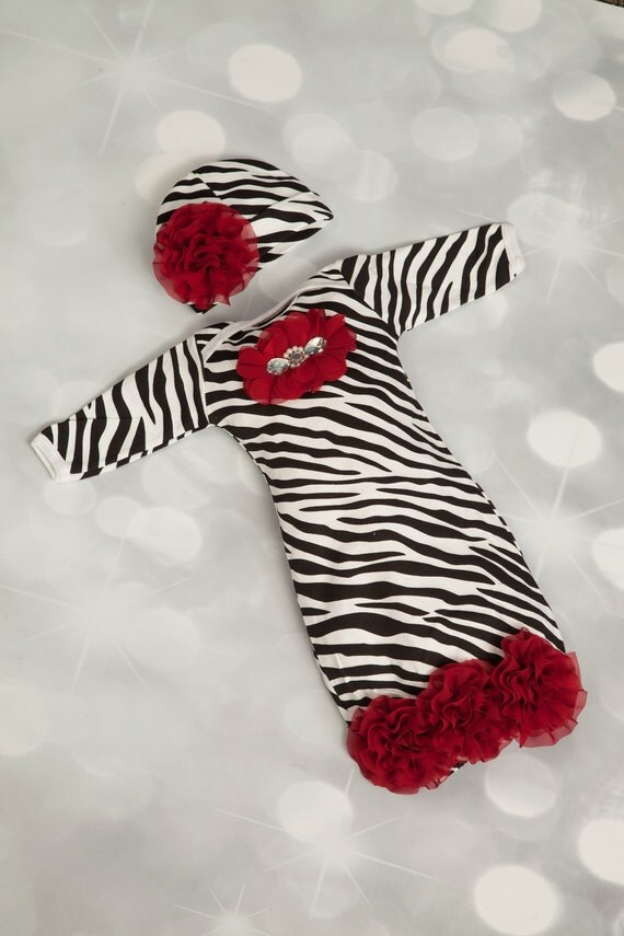 Zebra Newborn Layette Cotton Baby Gown with Burgundy Chiffon Flowers and Rhinestones