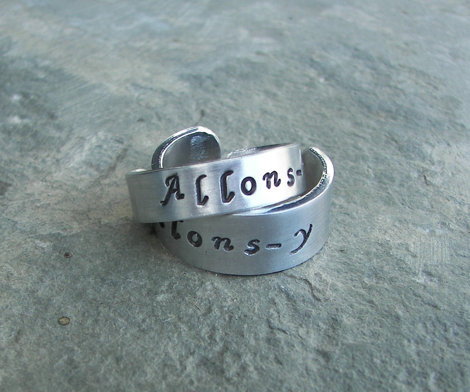 Dr. Who Hand Stamped Ring ALLONS-Y 1/4 wide