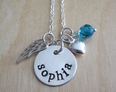 Angel Wing Necklace with Hand Stamped Name Charm - Personalized Necklace - MY ANGEL