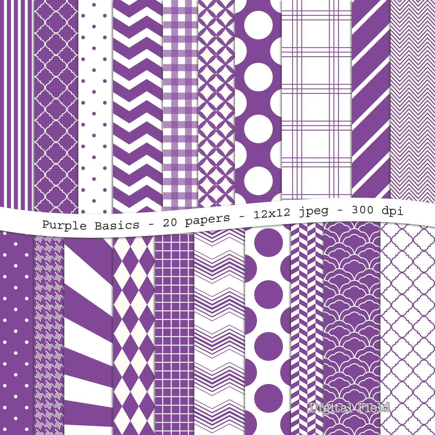 Purple Basics digital scrapbooking paper pack - 20 printable jpeg papers, 12x12, 300 dpi - Personal and small commercial use