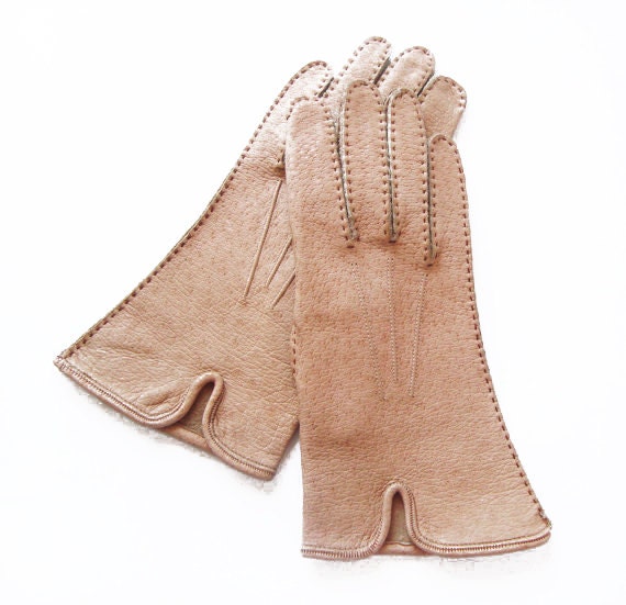 Light Brown Leather Gloves, Beige gloves - size XS - amazing vintage leather women gloves, nude gloves, cream - wwvintage