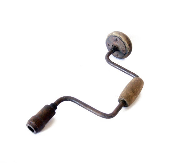 Antique metal and wood brace drill - brown wood meta l- industrial home decor - antique tool