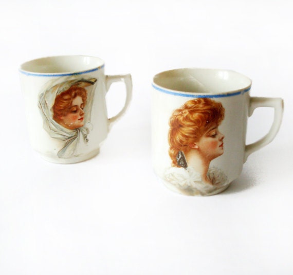 Set of two Amazing Antique Mugs - elegant ladies - Hungarian mugs from early 1900, home decor, collectibles, mugs,