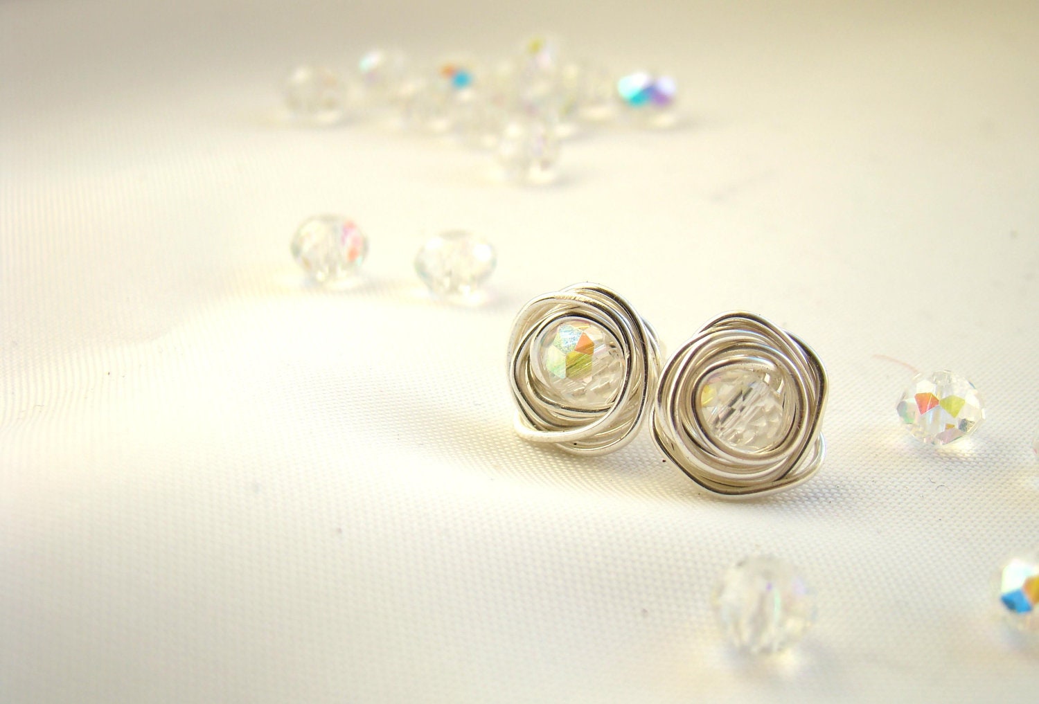 Silver plated Earrings "Rose buds" Earrings pins with crystal spring jewerly Wire jewelry Crystal clear