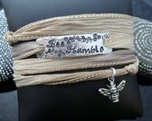 SALE D2E "Bee Humble" silk yoga wrap bracelet with magnetic clasp, hand stamped charms, hand dyed ribbon, adjustable