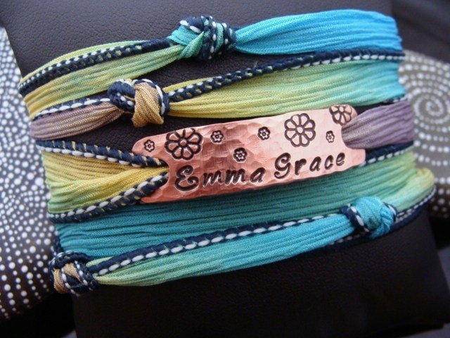 SALE D2E custom personalized hammered hand stamped on Copper "Emma Grace" silk ribbon wrap bracelet with magnetic clasp