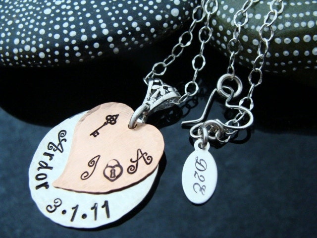 SALE D2E Hand stamped personalized engraved mixed metal Copper and Silver heart pendant necklace