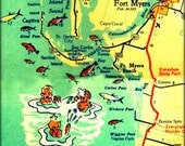 map photograph VINTAGE VACATION 11x14 retro Florida beach photo print Sanibel Ft Myers cartoon old illustrated aqua yellow fish fun summer