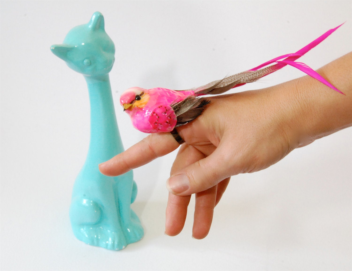 Perched bird ring / feather statement hand painted adjustable / quirky girly punk