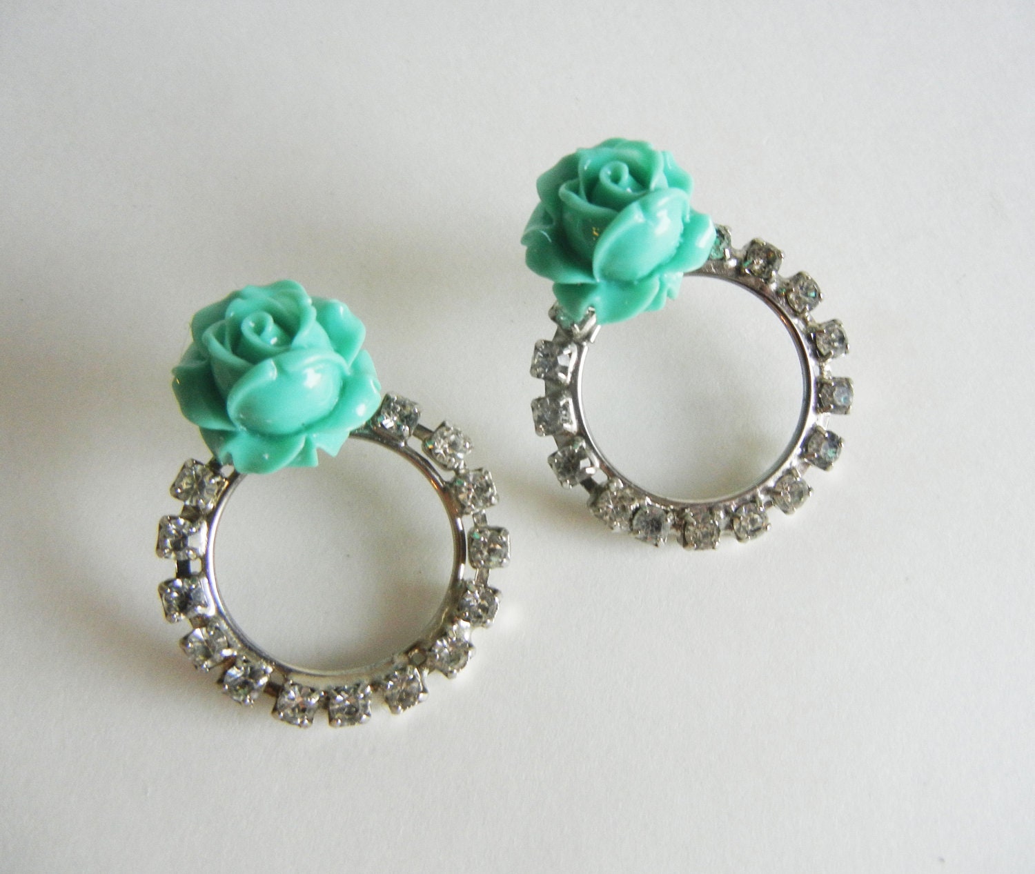 The Shawna Earrings - Mint Rose and Rhinestone Earrings - OOAK