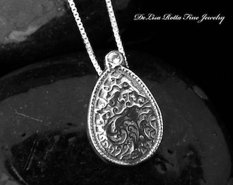 Recycled Silver Eco Friendly Diamond Alternative CZ Paisley Design Pendant Necklace