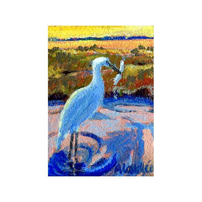 Bright colorful ACEO Egret coastal Landscape, ORIGINAL painting, matted to fit 5" X7" frame yellow blue pink