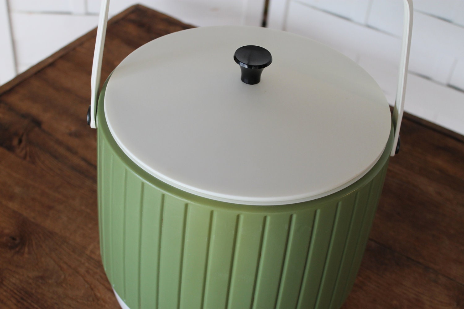 Vintage Mod Avocado Green and White Plastic Ice Bucket