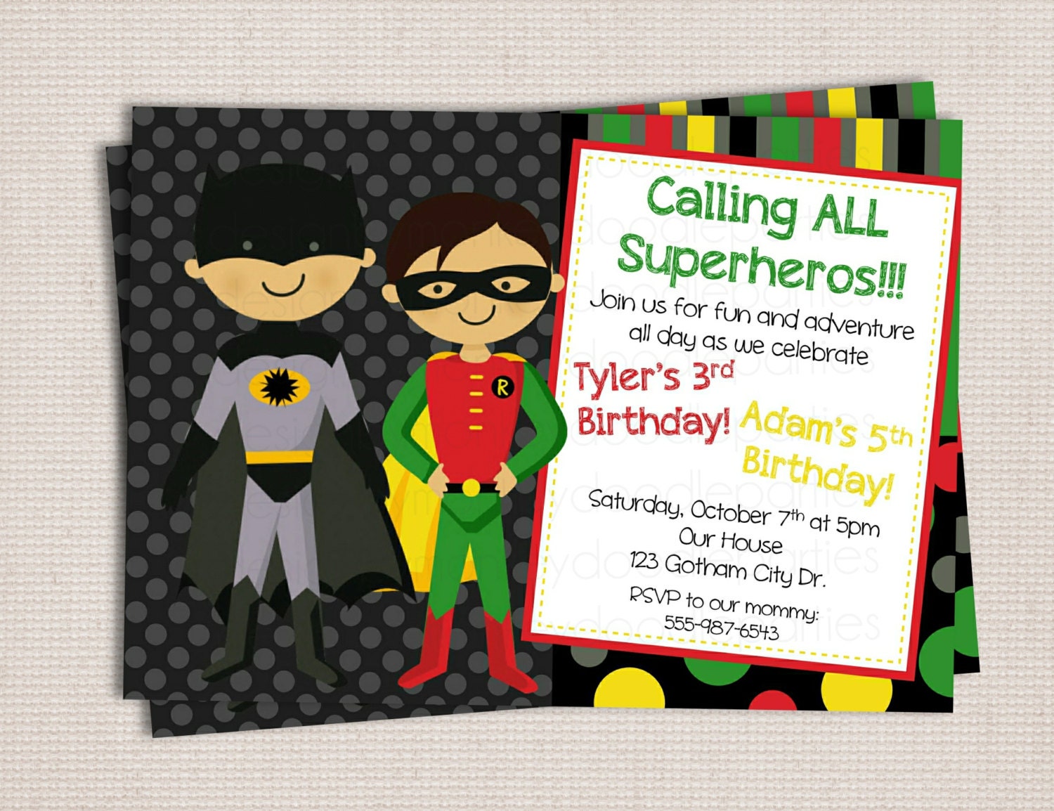 Super Hero Dark Bat Boy & Sidekick Themed Birthday Party Printable Invitation Il_170x135