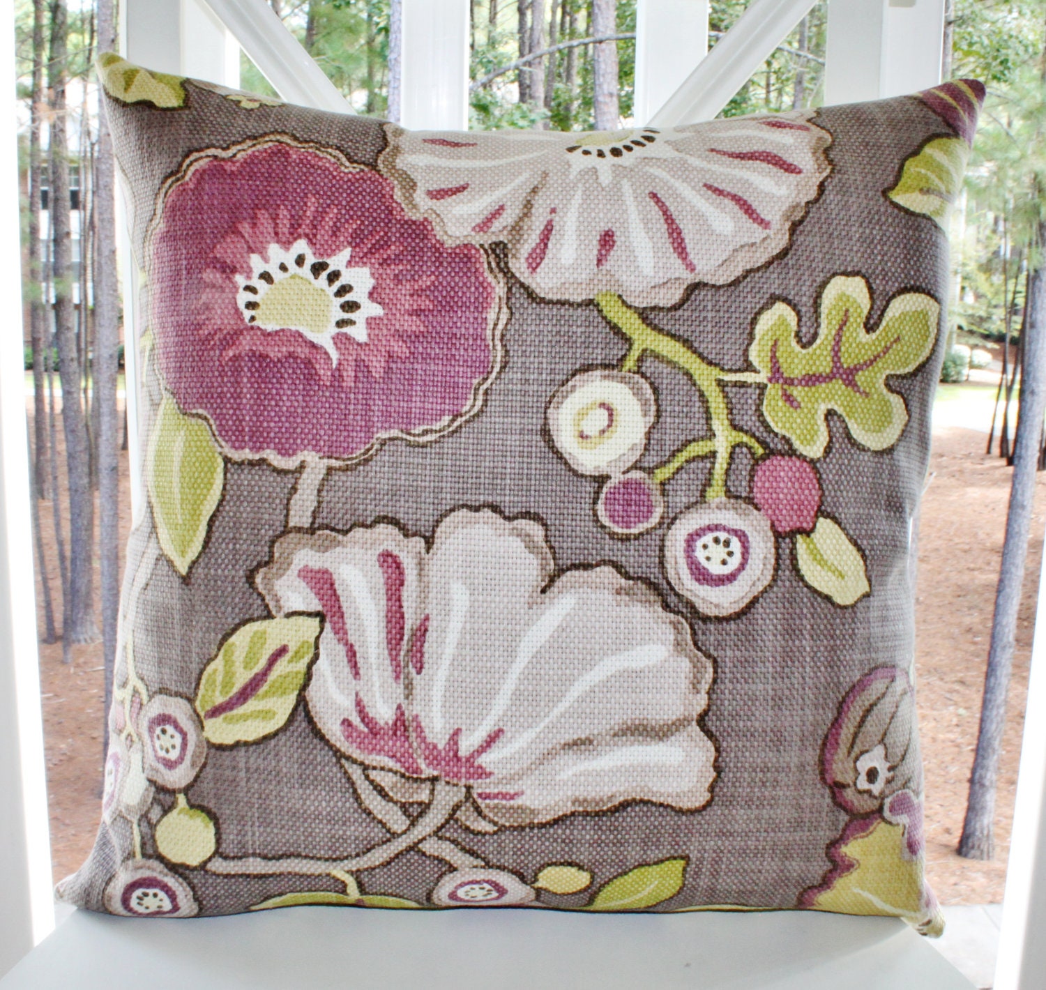 Decorative Designer Pillow - 16 x 16 Gray Purple Magenta Floral Designer Pillow - Purple Throw PIllow