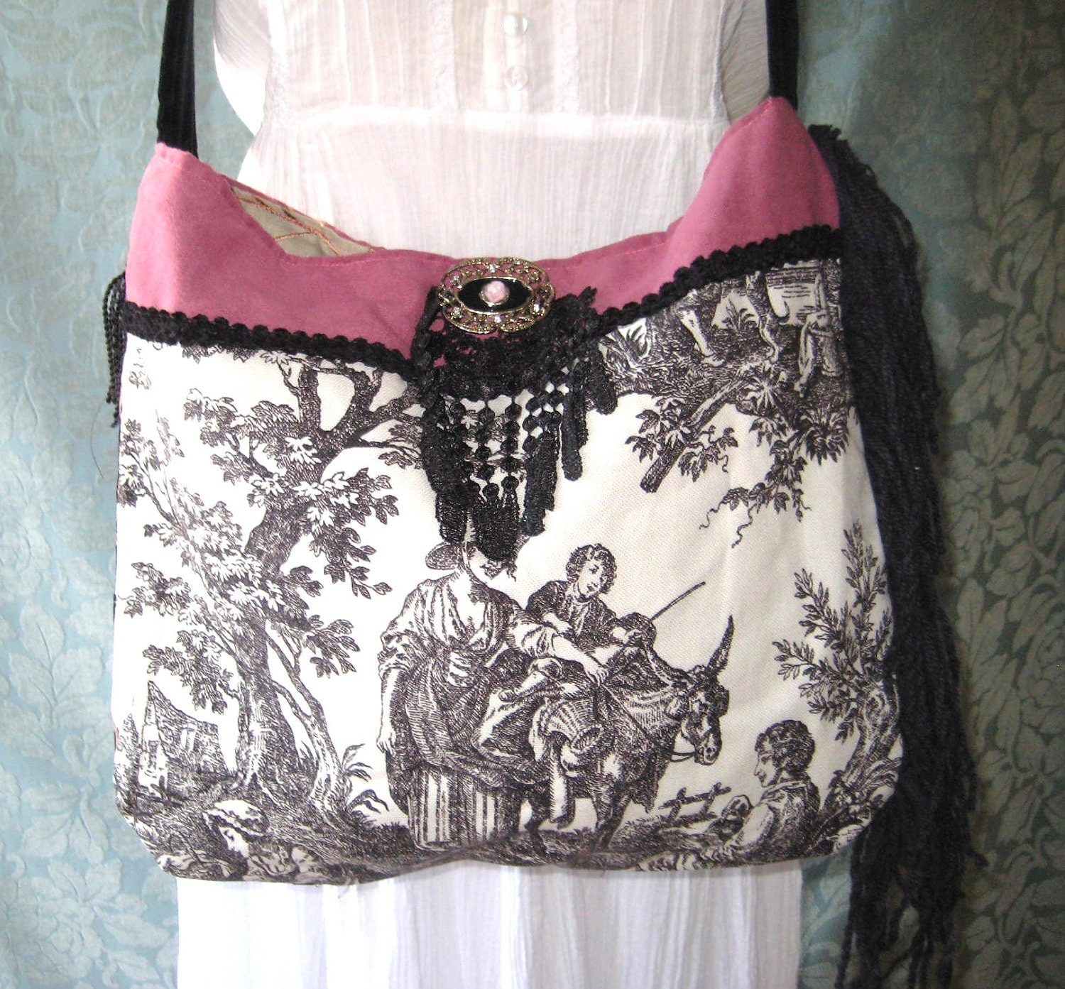 Bohemian French Black Toile, Gypsy Bags and Purses, Hippie Fringed Purse, Victorian Brooch