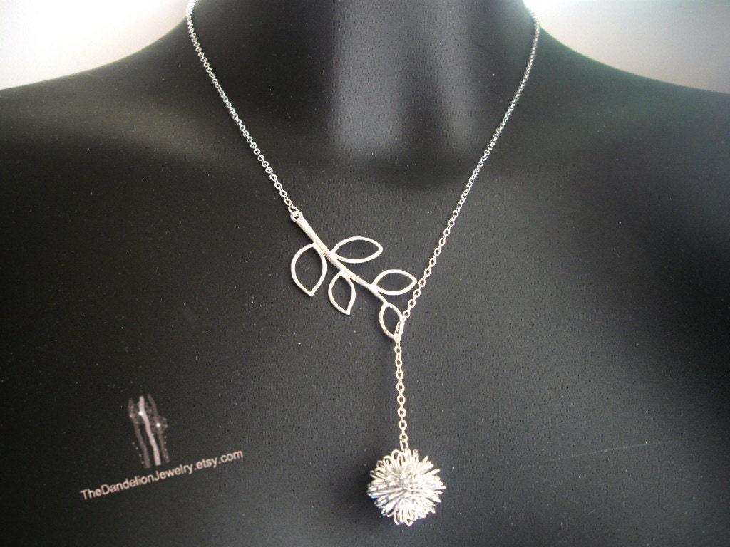 SALE, 10% OFF: Branch and dandelion lariat necklace in white gold, Dandelion necklace, branch necklace, dandelion pendant